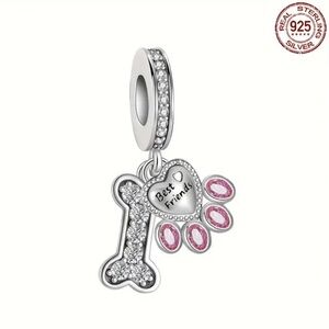 925 Silver Dog Paw Charm with Bone‎ & Heart – Pink Crystal Pet Lover Charm